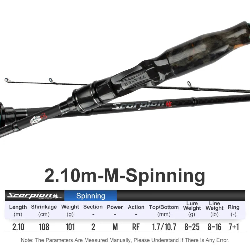 TEASER 1.98M-2.28M Spinning Casting Fishing Rod Ultralight Carbon Fiber Rod Pole 2 Section Fuji Part Fishing Pole Fishing Tackle